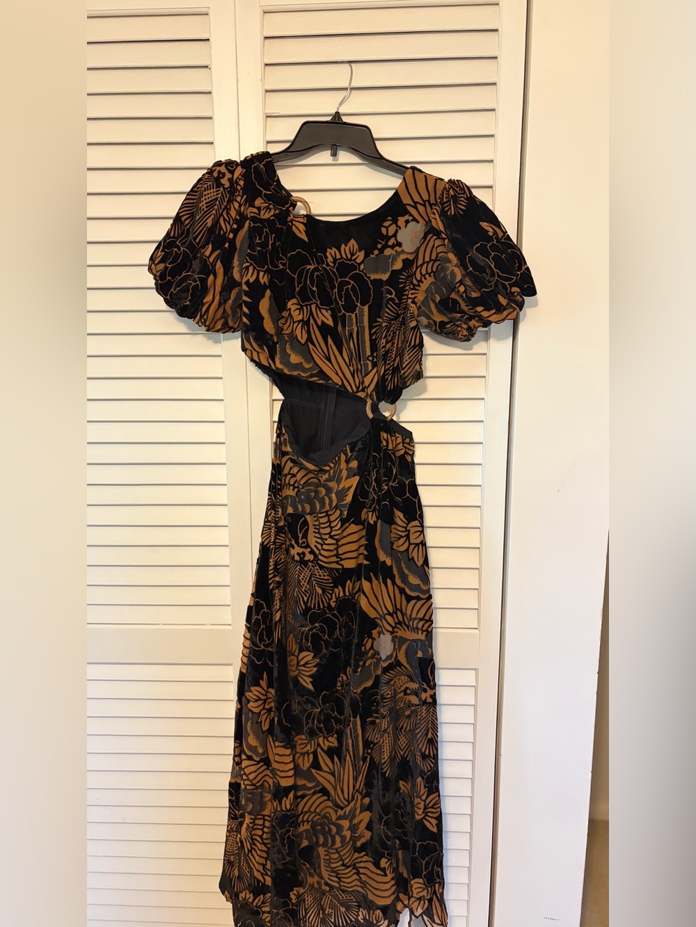 Anthropologie Black and Mustard Floral Cutout Maxi with Puff Sleeves